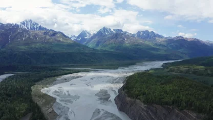 Aerial View of the Matanuska River, Alaska (Dolly In)